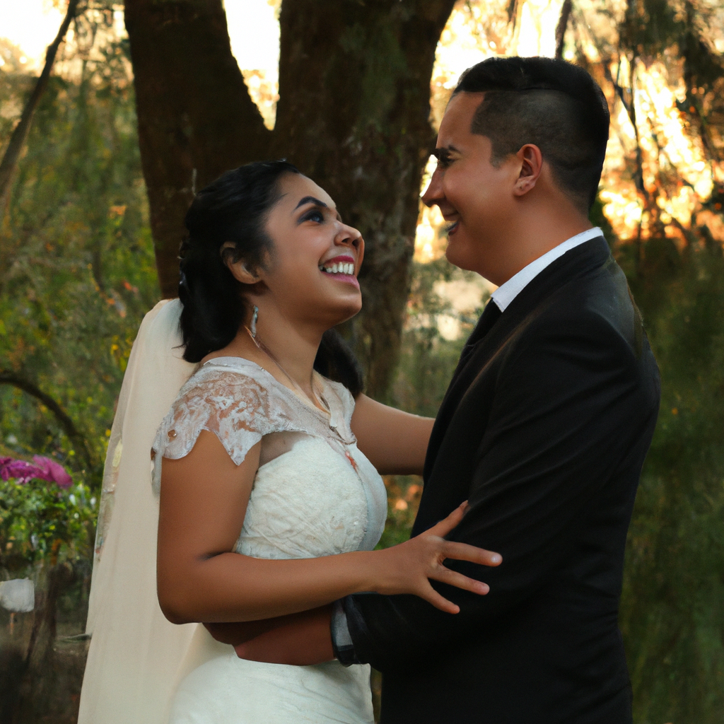 Pareja en boda riendo, luz de tarde