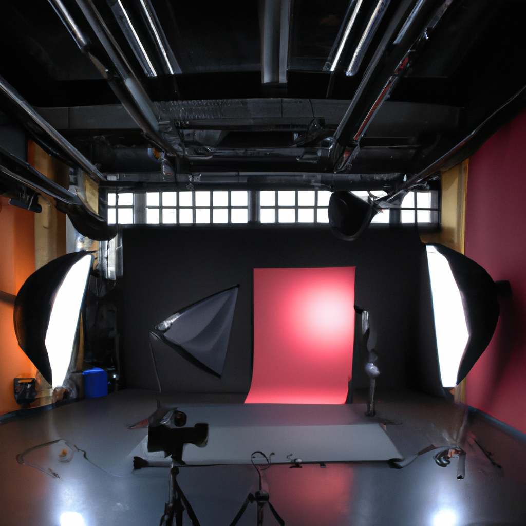 Estudio en Gran Vía — ciclorama blanco, luz suave entrando por ventanales, equipo de iluminación minimalista — Foto generada